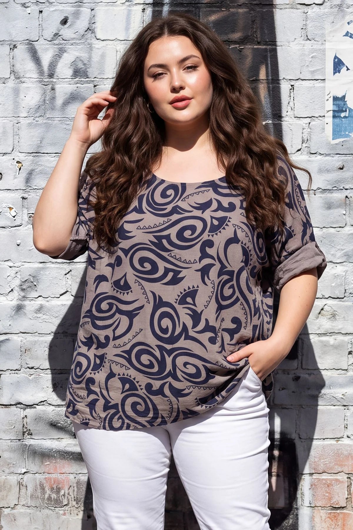 Abstract Print Loose Fit Tunic Cotton Top
