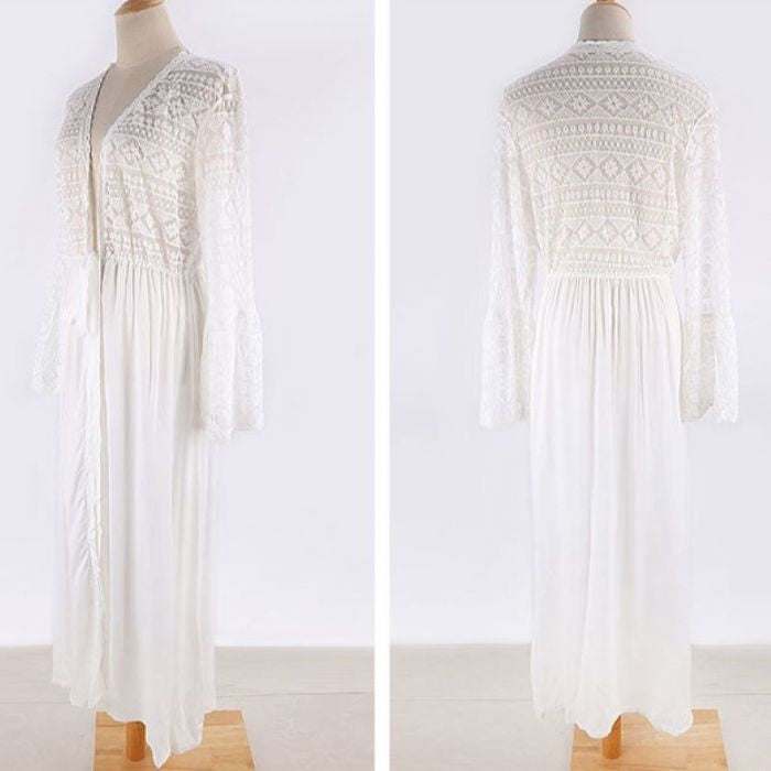 White Long Sleeve Crochet Beach Cover-Up Dress | Boho Swimwear Cover-Up