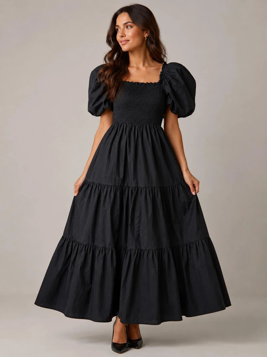 Cotton Shirred Elasticated Puffball Sleeve Bardot Dress