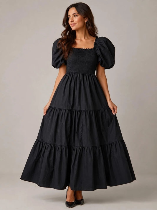 Cotton Shirred Elasticated Puffball Sleeve Bardot Dress