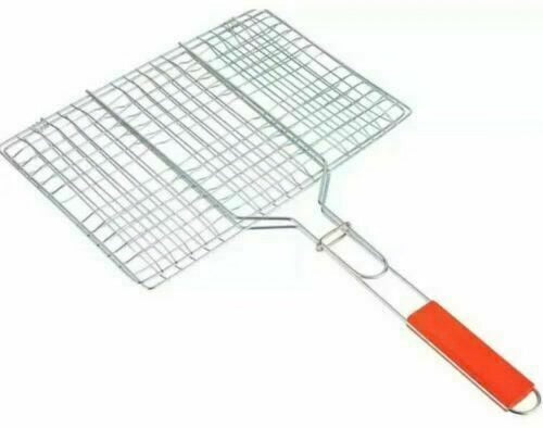 Metal Meat Fish Roasting BBQ Basket Grill with Wooden Handle 30 x 40 cm