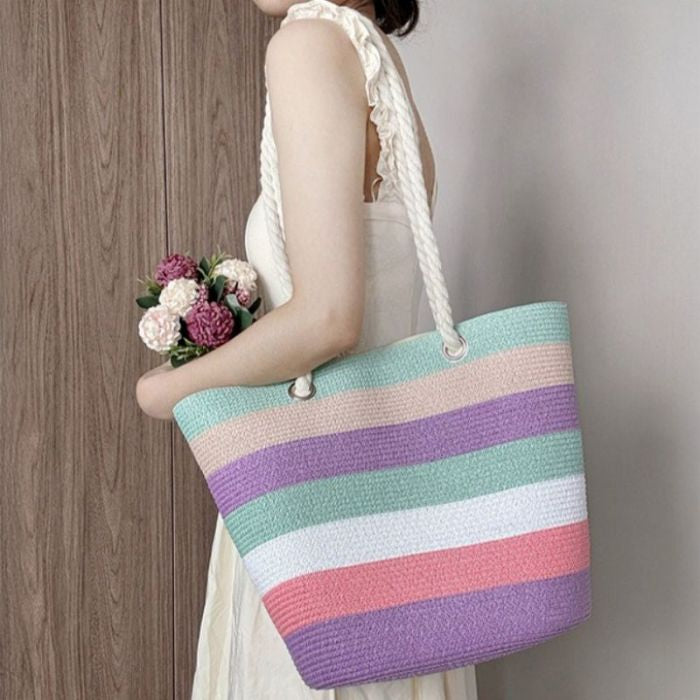 Pastel Striped Sun Hat & Large Tote Bag Beach Set
