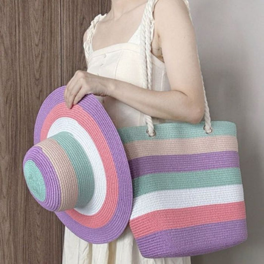 Pastel Striped Sun Hat & Large Tote Bag Beach Set