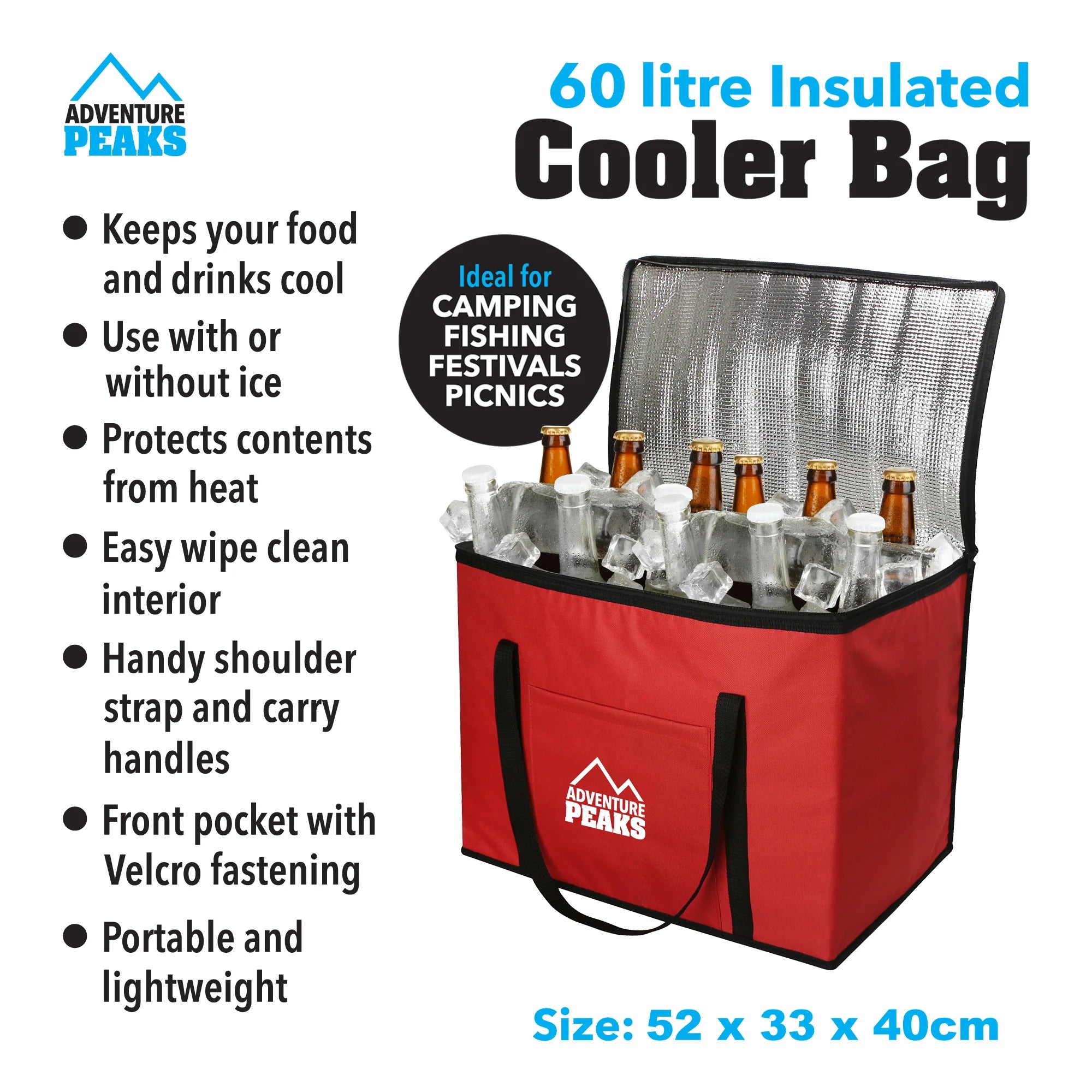 Insulated Camping Cooler Bag – 60L | 52 × 33 × 40 cm | Red & Grey