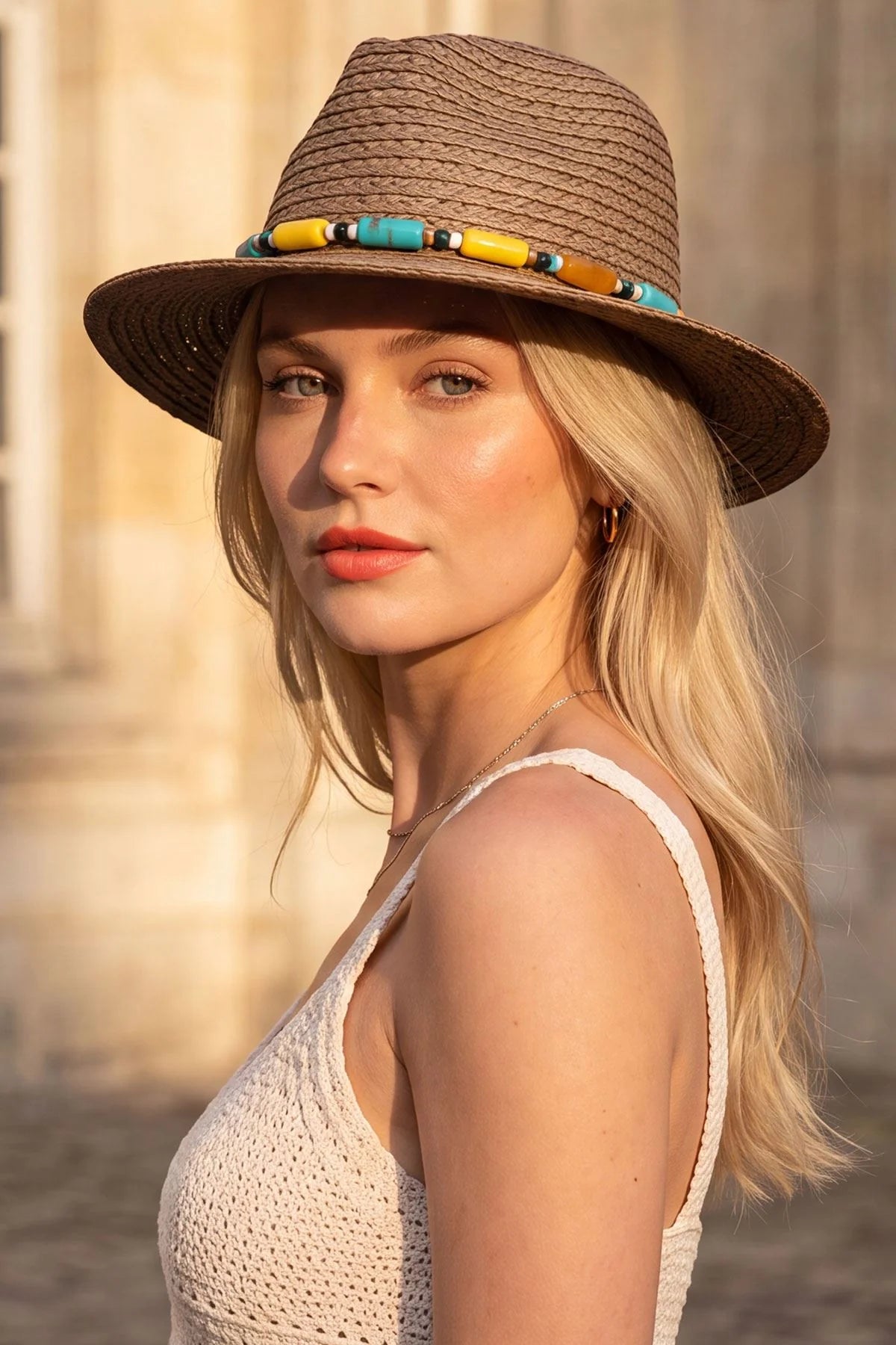 Women’s Straw Sun Hat with Beaded Trim – Wide Brim Summer Beach Hat