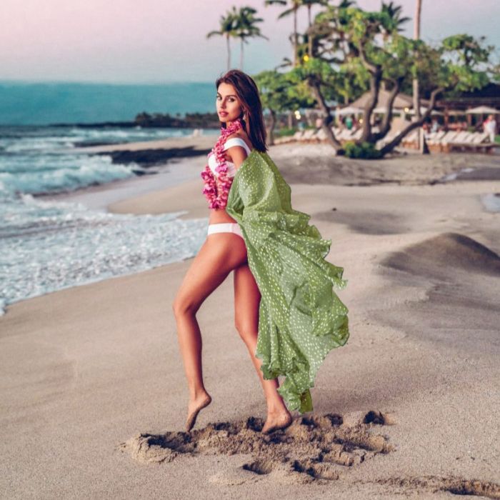 Sheer Maxi Beach Cover-Up with Ruffle Sleeves Kimono in Green & Pink Polka Dot Design for Summer Style
