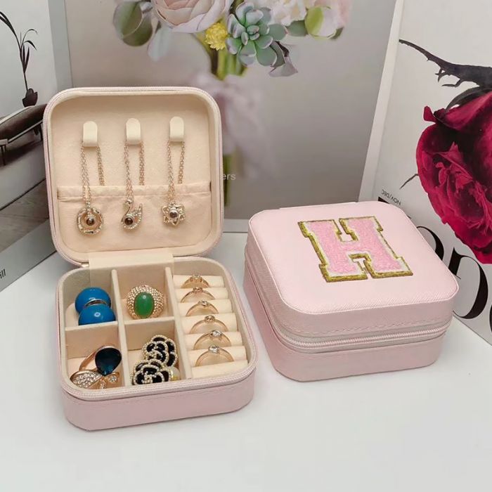 Jewellery Box with Floral Monogram 'A, H, G & C' Alphabet Design for Personalised Storage