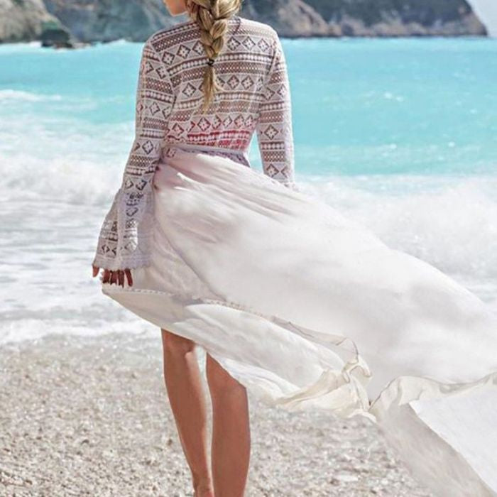 White Long Sleeve Crochet Beach Cover-Up Dress | Boho Swimwear Cover-Up