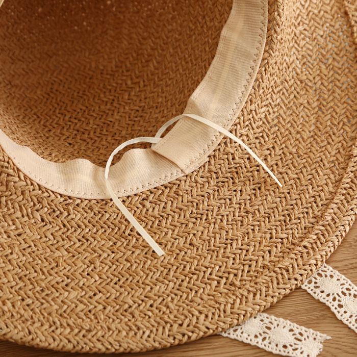Women’s Wide Brim Straw Sun Hat with Delicate Lace Trim | Elegant Summer Beach Hat | UV Protection Holiday Hat