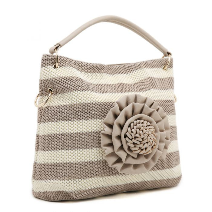 Large Striped Tote Bag with 3D Floral Detail | Women’s Shoulder Shopper Handbag | Casual Travel Beach Bag