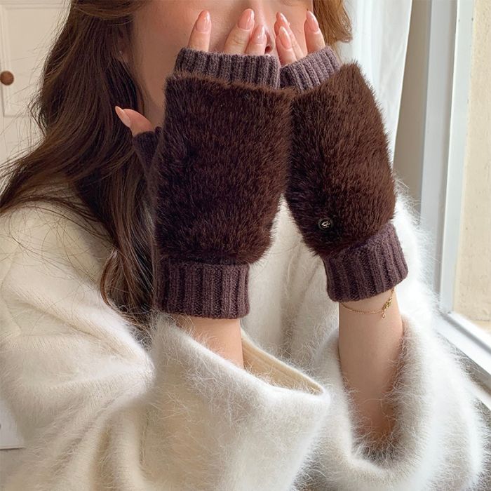 Soft Knit Fingerless Gloves with Faux Fur Mitten Cap