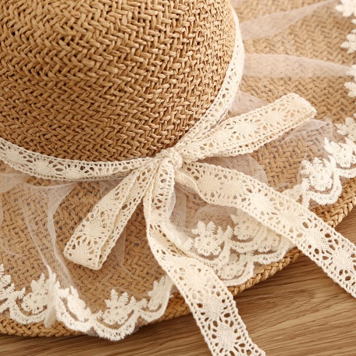 Women’s Wide Brim Straw Sun Hat with Delicate Lace Trim | Elegant Summer Beach Hat | UV Protection Holiday Hat