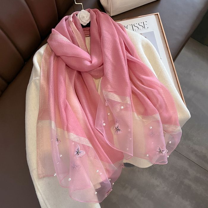 Elegant Silk Scarf with Butterfly Print & Pearl Detail – Soft Lightweight Fashion Wrap 🦋