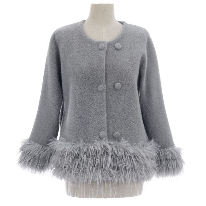 Feather-Trim Cropped Double Row Buttons Cardigan