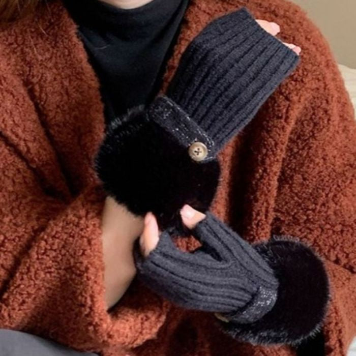 Faux Fur Knit Fingerless Button Gloves