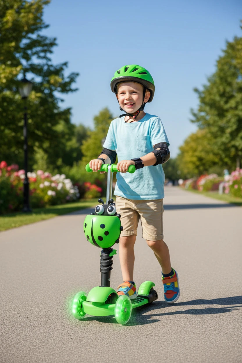 5-in-1 Kids Ladybug Scooter with LED Wheels | Adjustable Ride-On Scooter with Seat & Parent Push Handle | Foldable Toddler Scooter for Boys & Girls