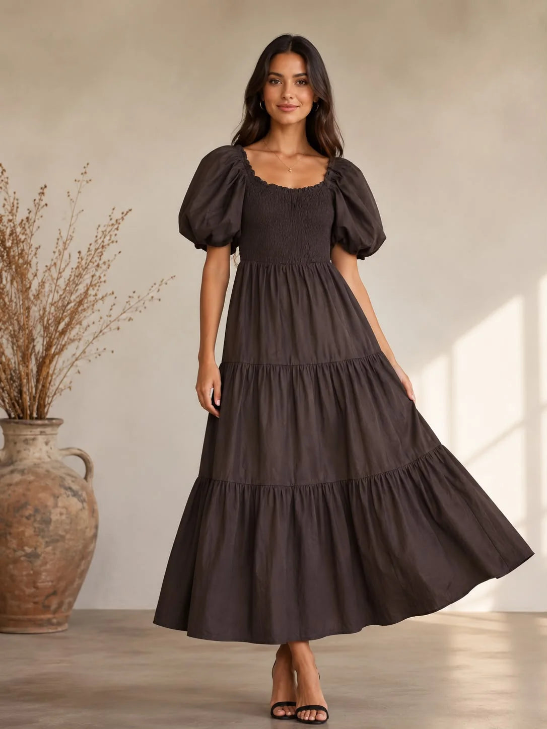 Cotton Shirred Elasticated Puffball Sleeve Bardot Dress