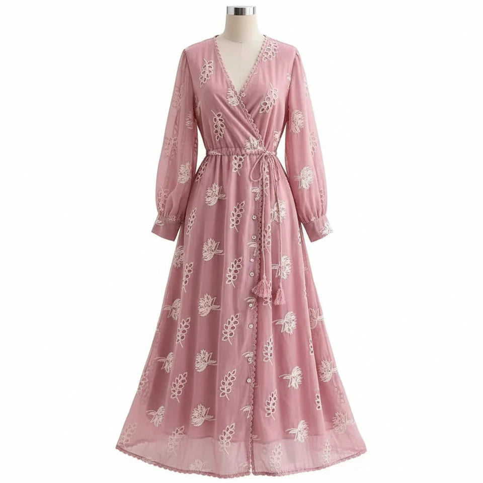 Women’s Embroidered V-Neck Long Sleeve Midi Dress | Floral Wrap Style Dress