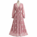 Women’s Embroidered V-Neck Long Sleeve Midi Dress | Floral Wrap Style Dress
