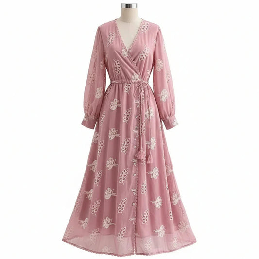 Women’s Embroidered V-Neck Long Sleeve Midi Dress | Floral Wrap Style Dress