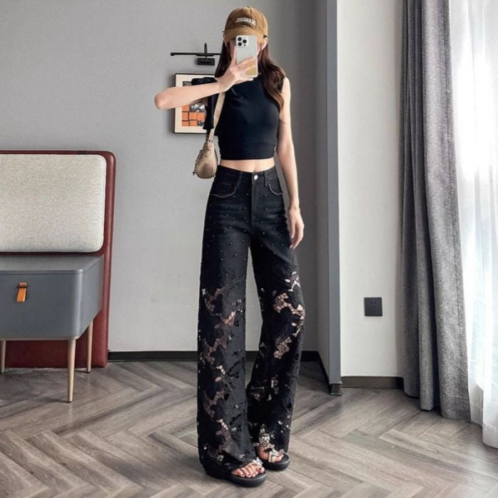 Black Wide Leg Jeans with Lace Patchwork & Pearl