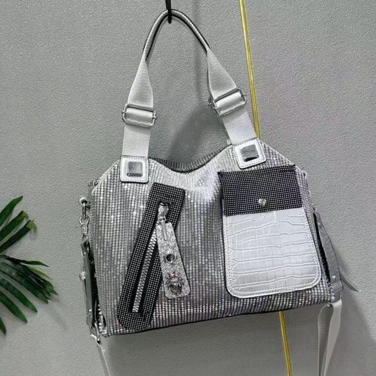 Women’s Black Croc Embossed Sparkle Shoulder Bag – Elegant Evening Purse