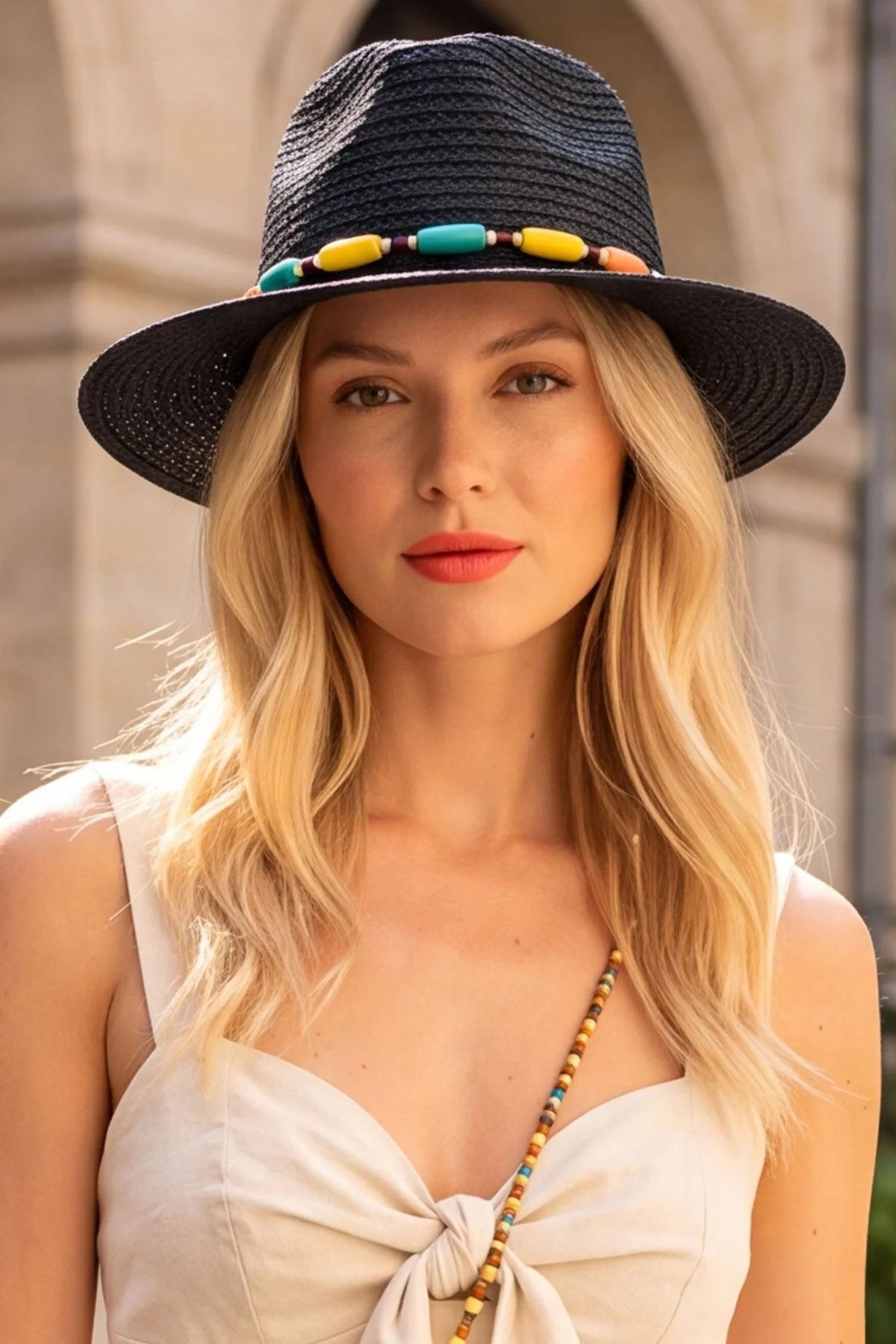 Women’s Straw Sun Hat with Beaded Trim – Wide Brim Summer Beach Hat