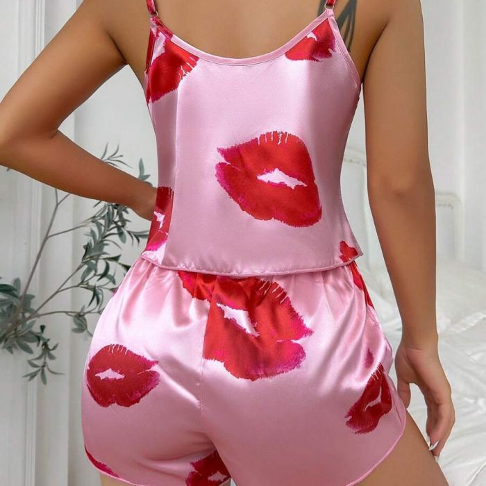 Satin Feel Lips Print Cami & Shorts Pyjama Set in Pink with Bold Red Lip Design for Comfortable Sleepwear