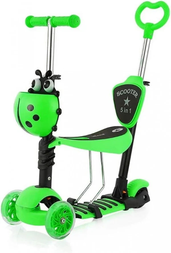 5-in-1 Kids Ladybug Scooter with LED Wheels | Adjustable Ride-On Scooter with Seat & Parent Push Handle | Foldable Toddler Scooter for Boys & Girls