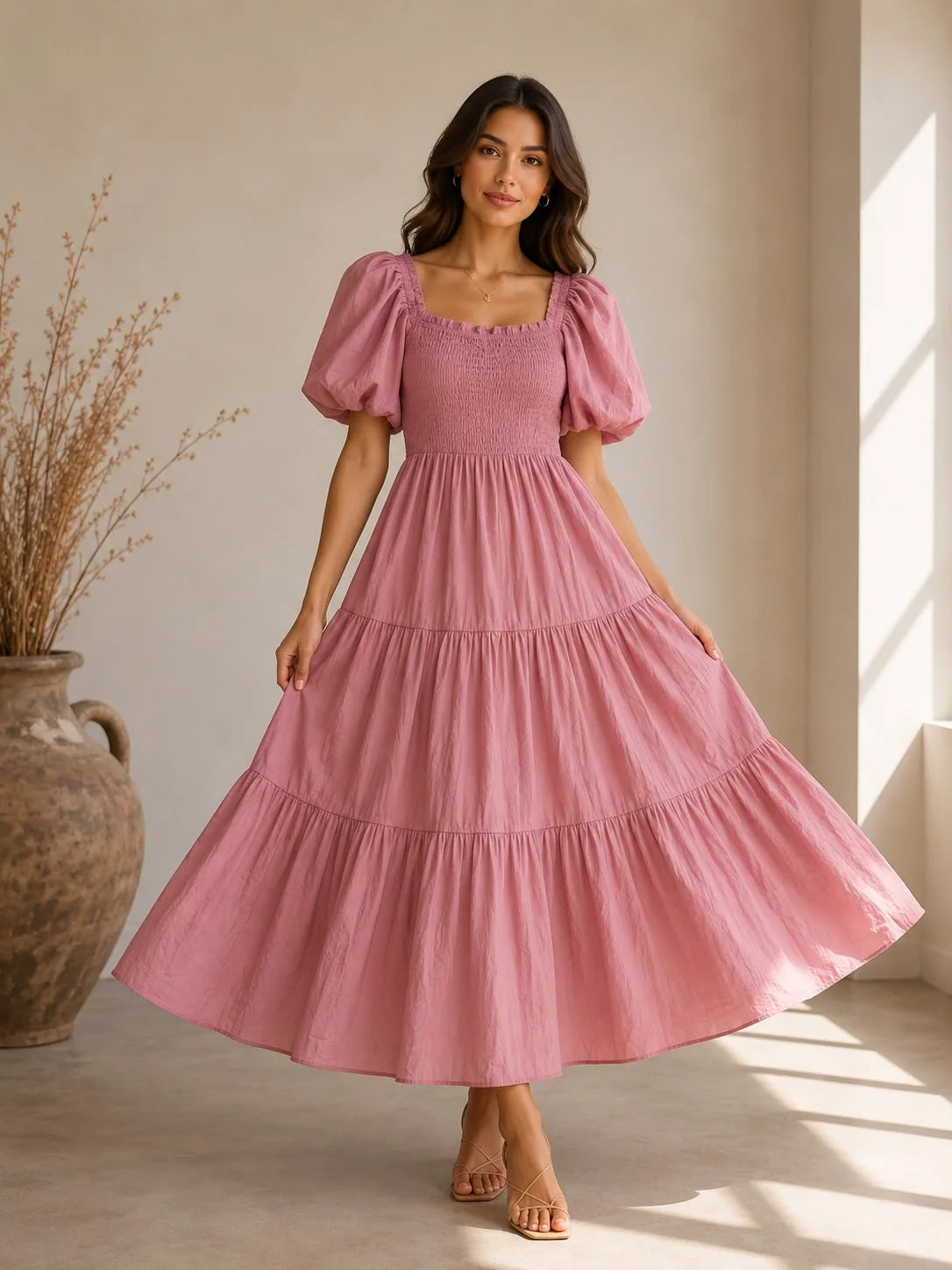 Cotton Shirred Elasticated Puffball Sleeve Bardot Dress