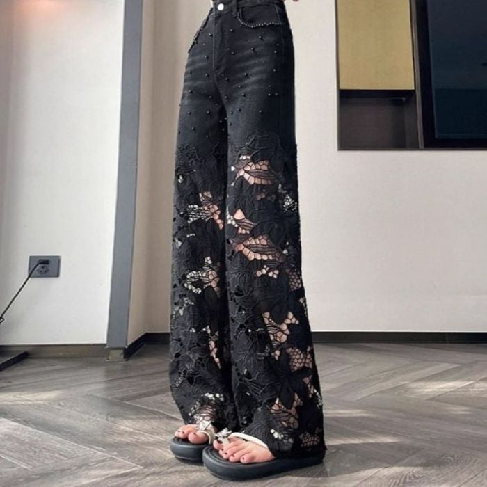 Black Wide Leg Jeans with Lace Patchwork & Pearl