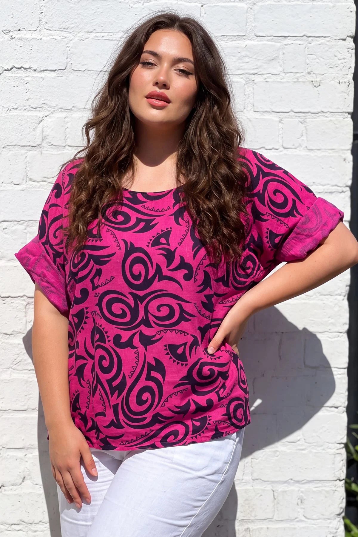 Abstract Print Loose Fit Tunic Cotton Top