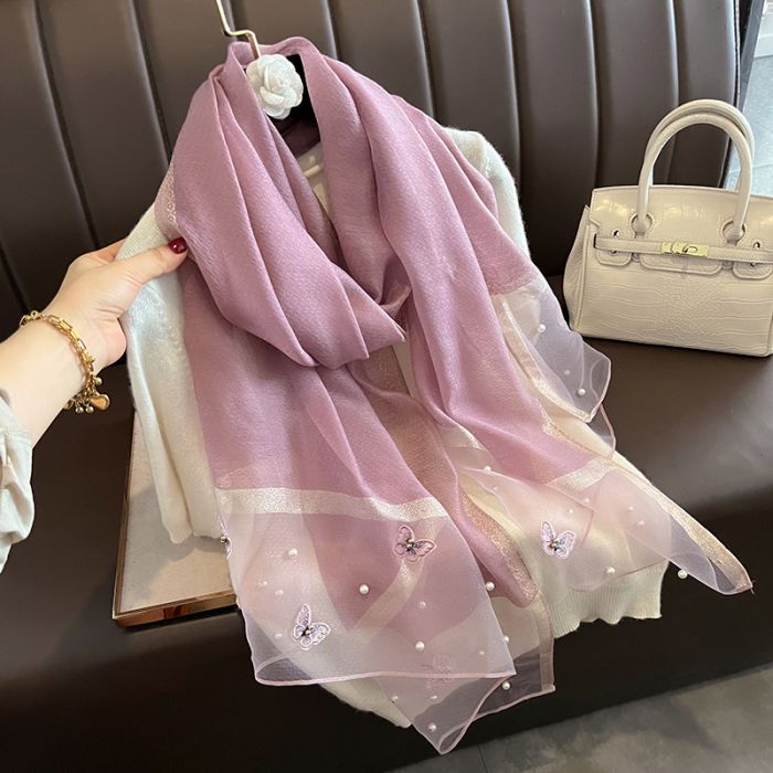 Elegant Silk Scarf with Butterfly Print & Pearl Detail – Soft Lightweight Fashion Wrap 🦋