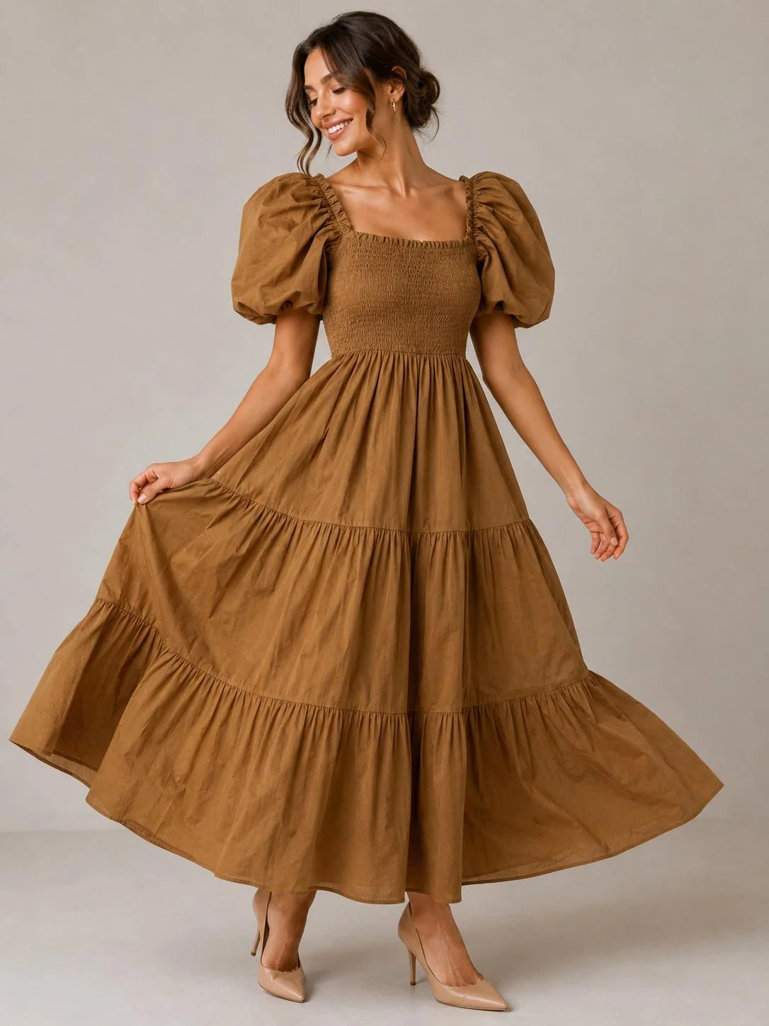 Cotton Shirred Elasticated Puffball Sleeve Bardot Dress
