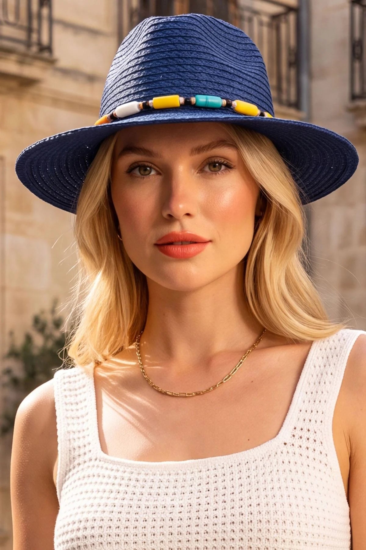 Women’s Straw Sun Hat with Beaded Trim – Wide Brim Summer Beach Hat
