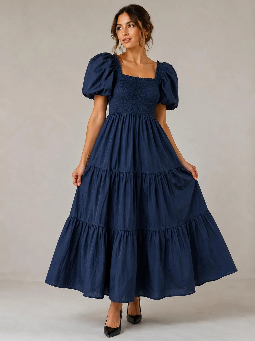 Cotton Shirred Elasticated Puffball Sleeve Bardot Dress