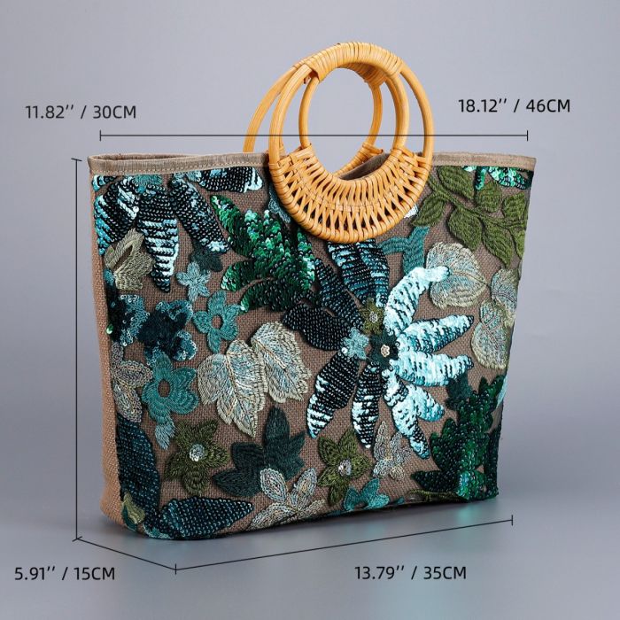 Emerald Green Sequin Tropical Tote Beach Bag | Women’s Holiday Shoulder Handbag