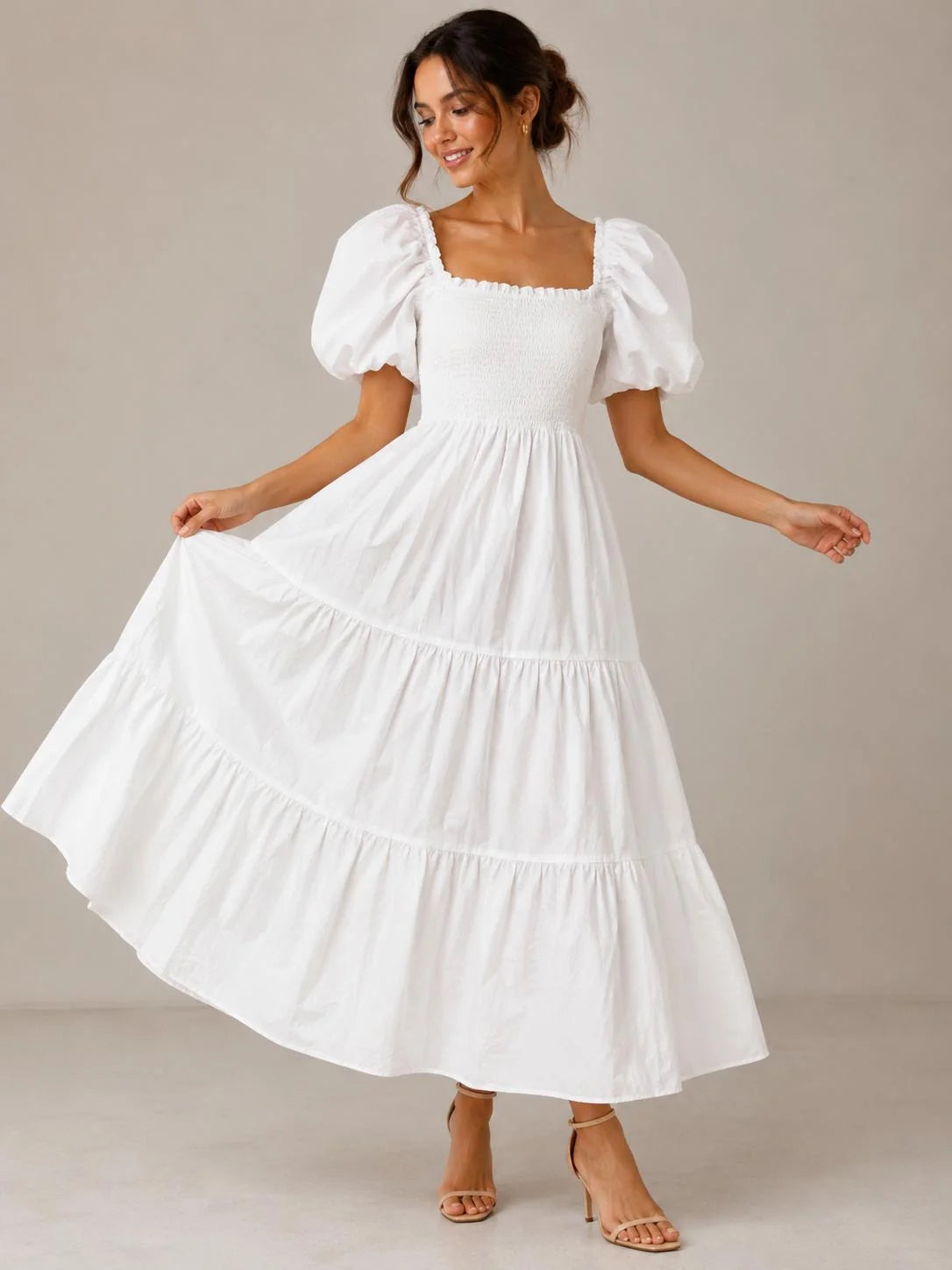 Cotton Shirred Elasticated Puffball Sleeve Bardot Dress