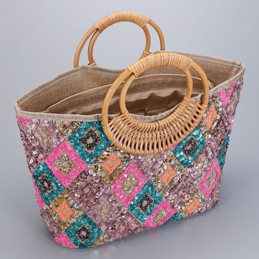 Emerald Green Sequin Tropical Tote Beach Bag | Women’s Holiday Shoulder Handbag
