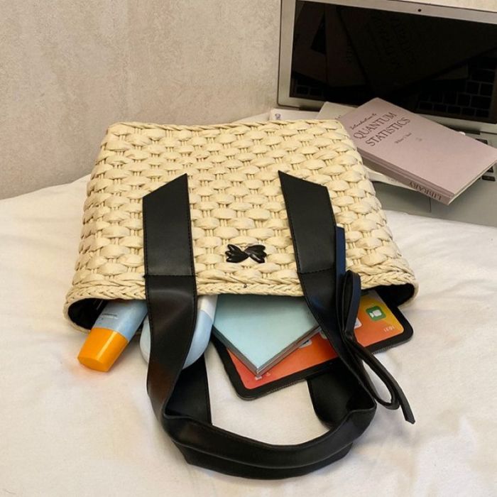 Summer Woven Straw Handbag & Metallic Accent