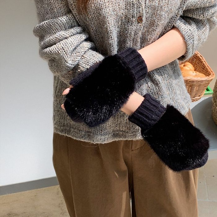 Soft Knit Fingerless Gloves with Faux Fur Mitten Cap