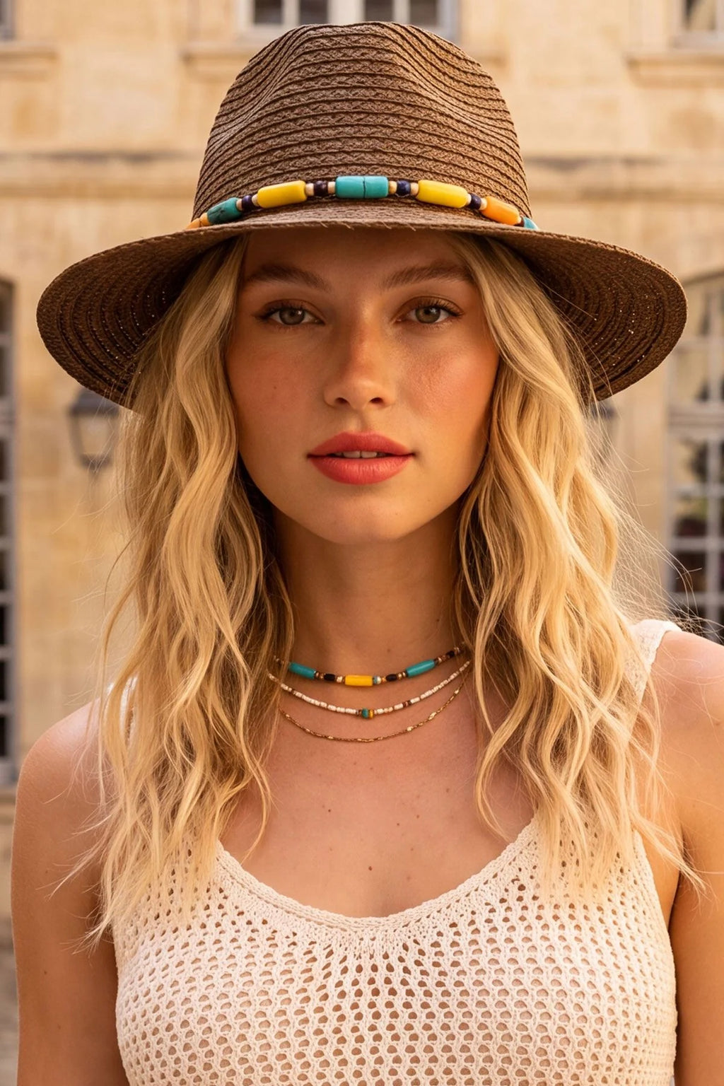 Women’s Straw Sun Hat with Beaded Trim – Wide Brim Summer Beach Hat