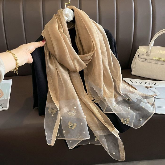 Elegant Silk Scarf with Butterfly Print & Pearl Detail – Soft Lightweight Fashion Wrap 🦋