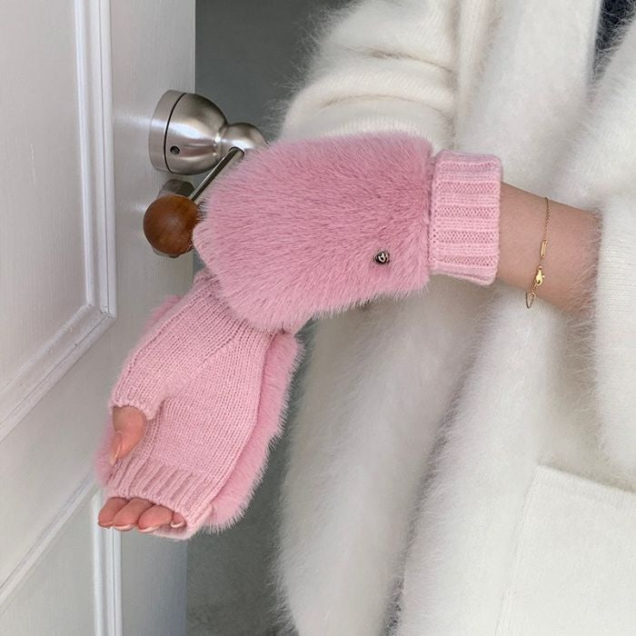 Soft Knit Fingerless Gloves with Faux Fur Mitten Cap