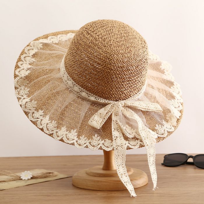 Women’s Wide Brim Straw Sun Hat with Delicate Lace Trim | Elegant Summer Beach Hat | UV Protection Holiday Hat