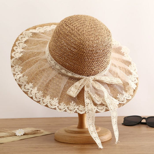 Women’s Wide Brim Straw Sun Hat with Delicate Lace Trim | Elegant Summer Beach Hat | UV Protection Holiday Hat