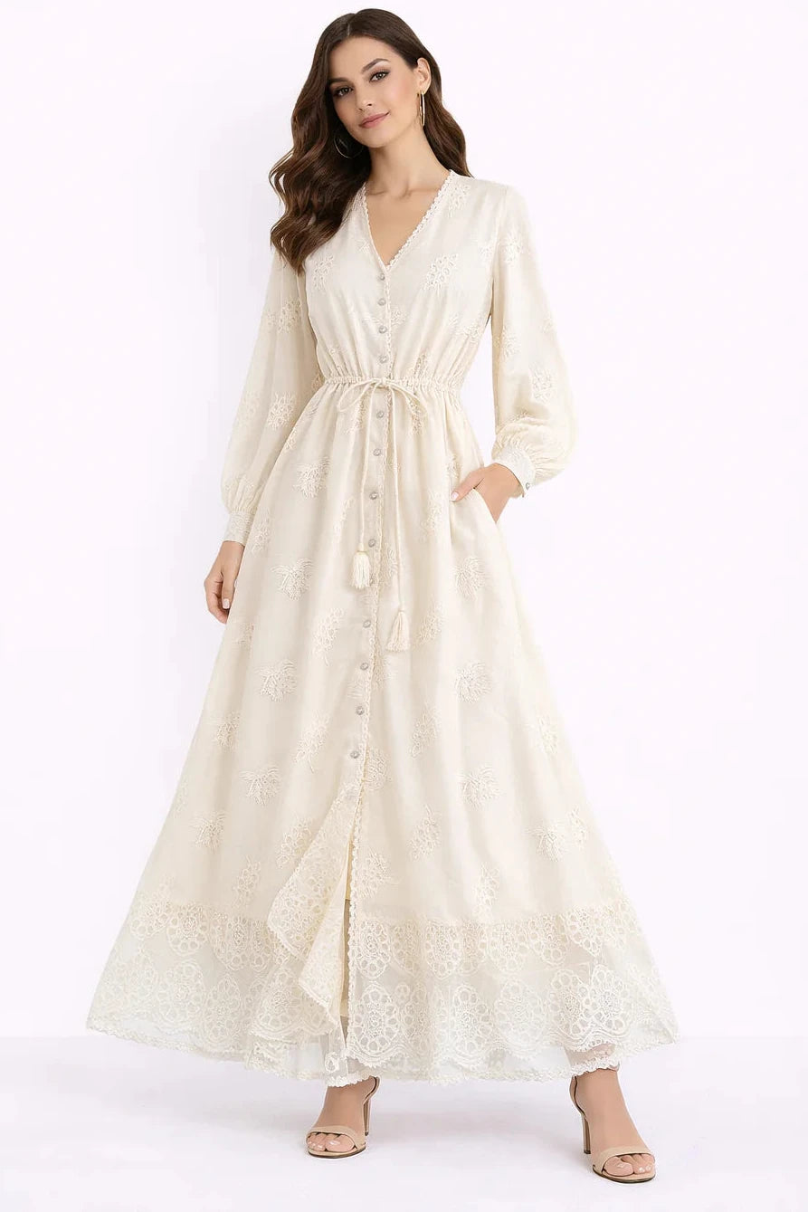Women’s Embroidered V-Neck Long Sleeve Midi Dress | Floral Wrap Style Dress