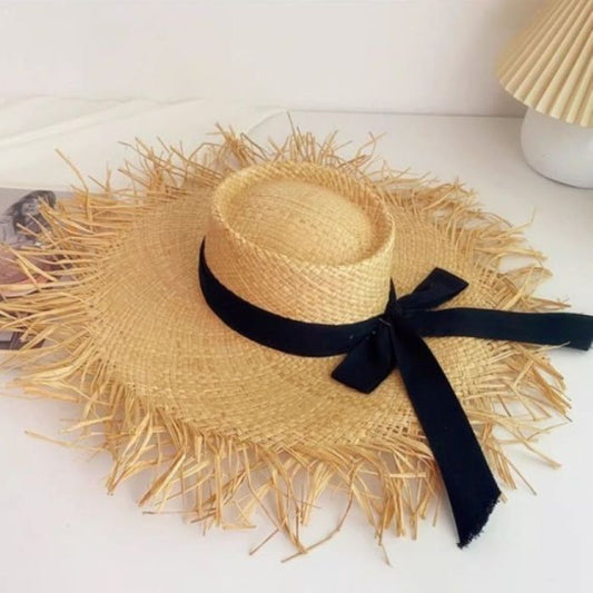 Women’s Fringed Raffia Straw Sun Hat with Black Ribbon Bow | Wide Brim Natural Woven Beach Hat | Summer UV Protection