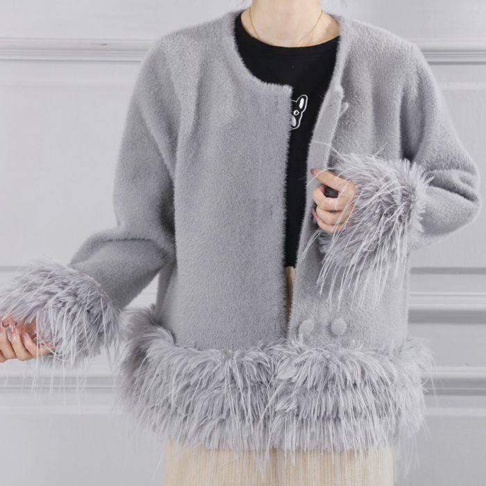 Feather-Trim Cropped Double Row Buttons Cardigan