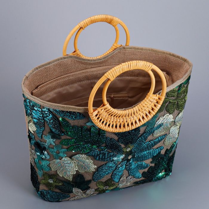 Emerald Green Sequin Tropical Tote Beach Bag | Women’s Holiday Shoulder Handbag